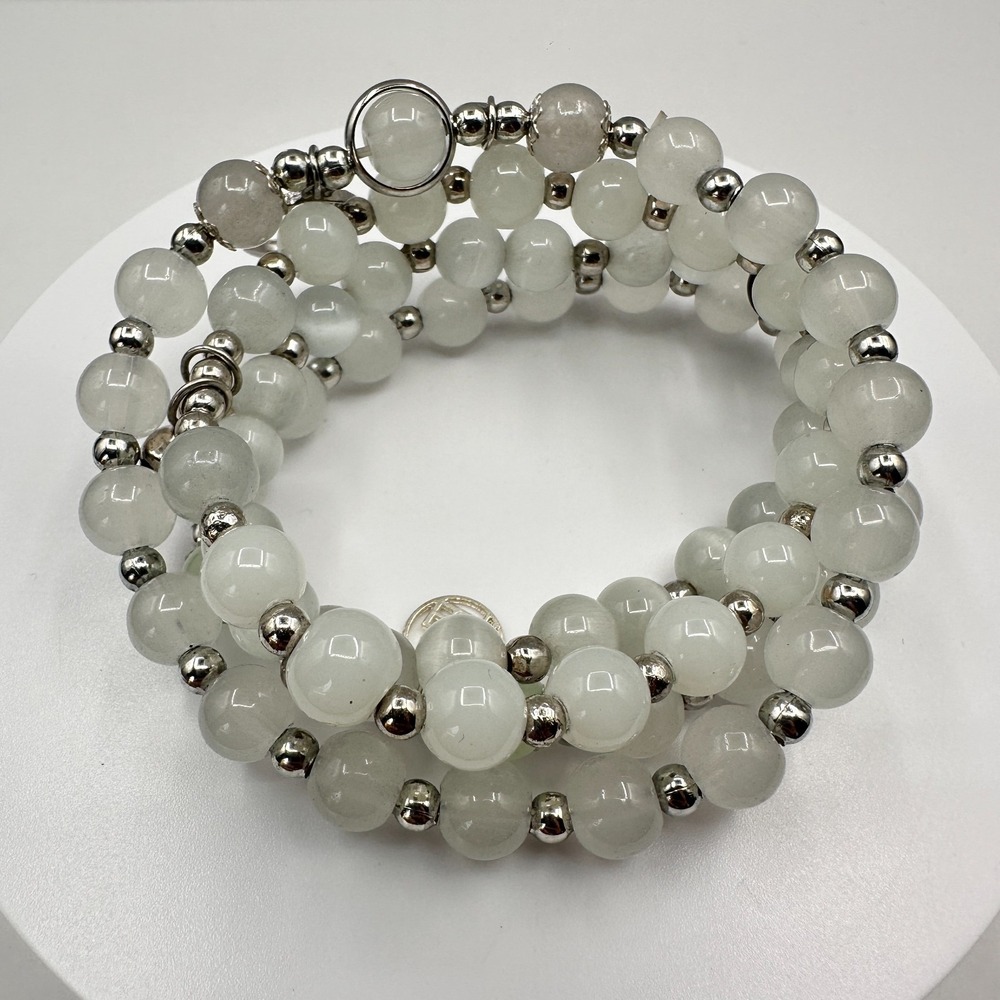 Vintage 90s White Quartz Beaded Wrap Bracelet Silver Tone Boho Statement Jewelry - Picture 3 of 8